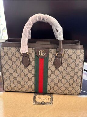 Gucci Beige GG Supreme Tote with Green-Red Web and Brown Trim